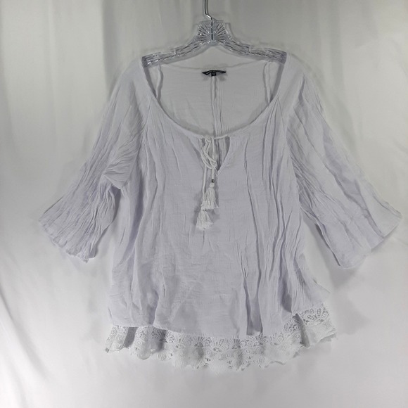Unique Spectrum Tops - Unique Spectrum White Lace Trim Gauze Peasant Top 1X Boho Tassel Bell Sleeve